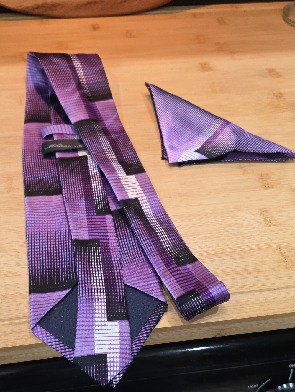 Men's Purple Geometric Tie and Pocket Square Set by Milana Moda 100% Silk
